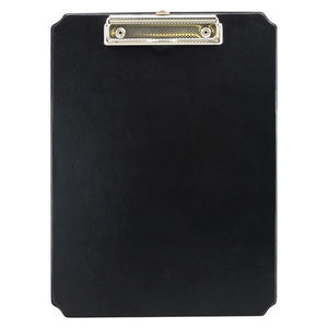 Osmer A4 clipboard in black shown from the front, with a metal spring clip at the top and angled corners