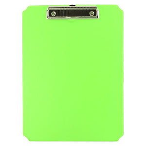 Osmer A4 clipboard in lime green shown from the front, with a metal spring clip at the top and angled corners
