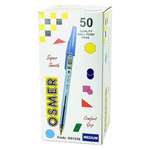 Osmer ballpoint pen medium blue box of 50, upright printed box with 50 ball point pens, code OS7250 and a blue pen on the front