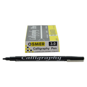 Osmer 3mm calligraphy pen in black with its yellow and grey Osmer Calligraphy Pen box marked 3.0 behind it