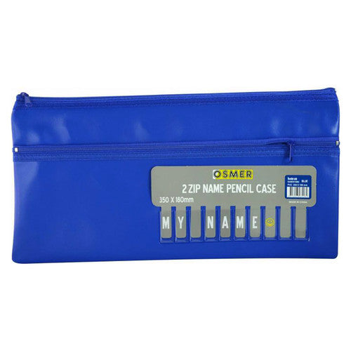 Osmer blue cloth backed PU pencil case 35 x 18cm, 2 zip, second photo shot smaller in frame with the alphabet name card insert still in place