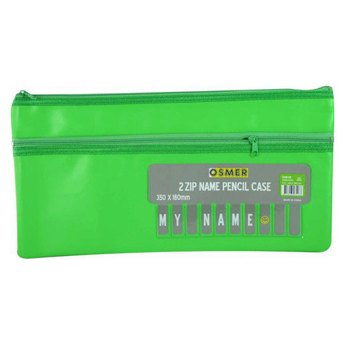 Osmer green cloth backed PU pencil case 35 x 18cm, 2 zip, second photo shot smaller in frame with the alphabet name card insert still in place