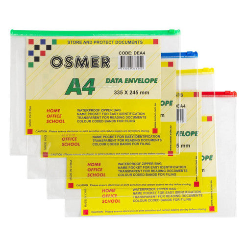 Osmer Data Envelope A4 Slide Zip Assorted Pack of 12