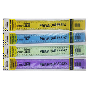 Osmer 30cm premium flexible rulers in tinted yellow, blue, green and purple, four primeLINE PREMIUM FLEXI rulers in retail sleeves