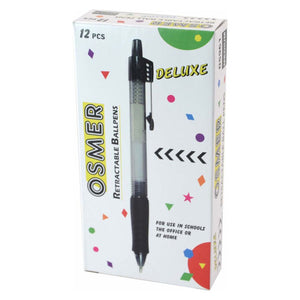 Osmer Deluxe retractable ballpoint pens, medium black, in the white Osmer Deluxe box of 12 printed with confetti shapes