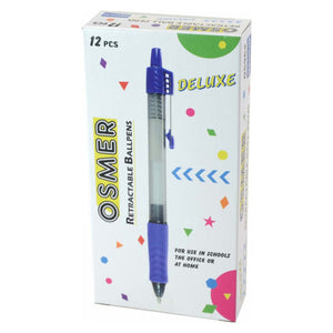 Osmer Deluxe retractable ballpoint pens, medium blue, in the white Osmer Deluxe box of 12 printed with confetti shapes