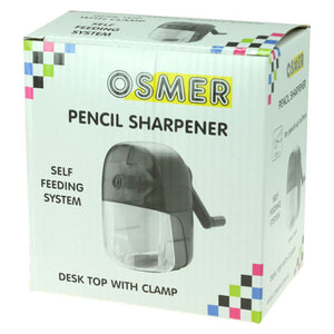 Osmer desk top pencil sharpener printed retail box, showing the sharpener image, SELF FEEDING SYSTEM and DESK TOP WITH CLAMP