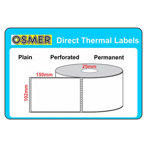 Osmer direct thermal labels diagram, white roll of 102mm x 150mm perforated permanent labels on a 25mm core
