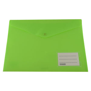 Osmer A4 document wallet in green with a button closure flap and a clear name pocket holding a white name card