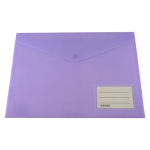 Osmer A4 document wallet in purple with a button closure flap and a clear name pocket holding a white name card