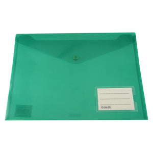 Osmer A4 document wallet in tinted green with a button closure flap and a clear name pocket holding a white name card