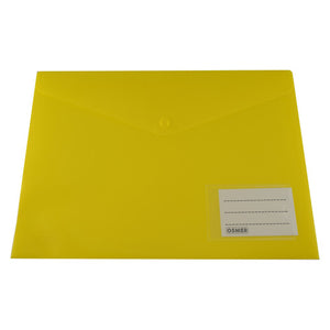 Osmer A4 document wallet in yellow with a button closure flap and a clear name pocket holding a white name card