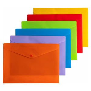 Osmer A4 document wallets in assorted solid colours, six wallets stacked showing orange, lilac, blue, green, red and yellow