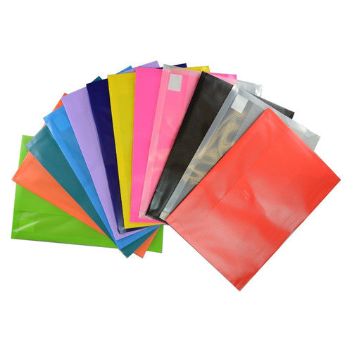 Osmer foolscap document wallets with hook and loop closure, assorted pack fanned out in many solid and tinted colours