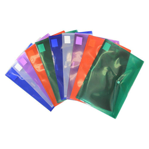 Osmer A4 transparent document wallets with button closure, assorted pack of 10 fanned out in blue, lilac, orange, green and clear
