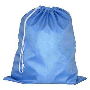 Osmer polyester drawstring bag in blue with a white cord drawstring, front view of a filled bag