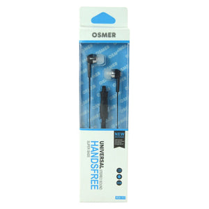 Osmer earbud headphone with microphone in black, packed in the blue Osmer Universal Handsfree retail box with the earbuds and inline microphone visible