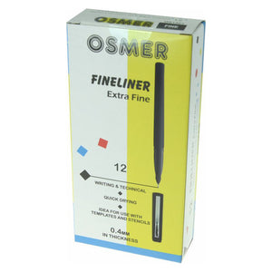 Osmer fineliner pen 0.4mm black, box of 12 shown as the closed white, yellow and blue printed retail box marked Extra Fine and 12