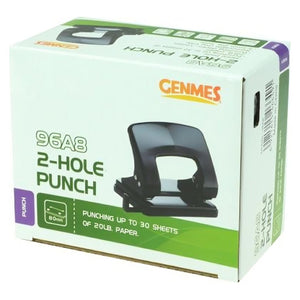 Osmer Genmes heavy duty metal 2 hole punch in its retail box printed with 96A8, 2-Hole Punch and punching up to 30 sheets