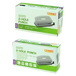 Osmer Genmes mini metal 2 hole punch, two retail boxes printed with the 90F0 code and 2-Hole Punch on a green and white design