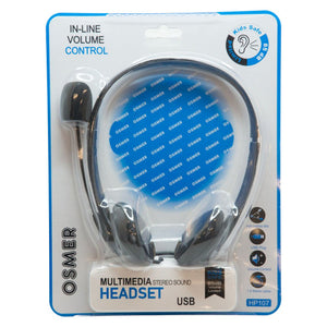 Osmer headphone with mic, mute and volume control, USB plug, black, in a blue and white blister pack labelled Multimedia Stereo Sound Headset USB