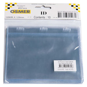 Osmer ID pouch landscape 155 x 129mm in clear, pack of 10 shown in the retail bag with the printed Osmer ID header card and barcode label