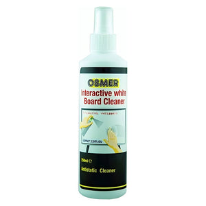 Osmer Interactive Whiteboard Cleaner 250ml pump spray bottle, white bottle with a printed label showing antistatic cleaner