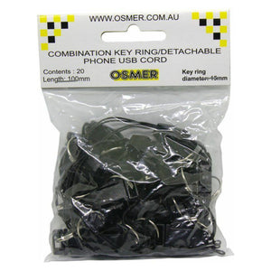Osmer key ring 15mm with detachable USB phone cord, pack of 20 shown in the clear retail bag with the printed Osmer header card