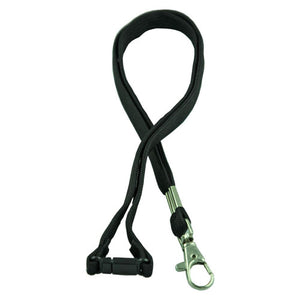 Osmer black woven lanyard with a metal swivel D clip hook on a short strap and a plastic release clasp in the neck loop