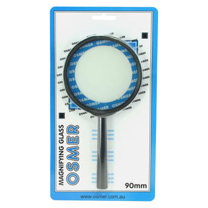 Osmer magnifying glass 90mm with black handle, shown in its blue and white printed retail blister card marked 90mm