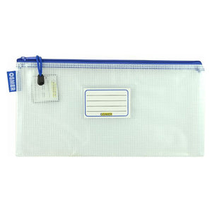 Osmer clear mesh case 34 x 17cm with blue zipper, front view showing the name label panel, blue Osmer tab and cord zip pull
