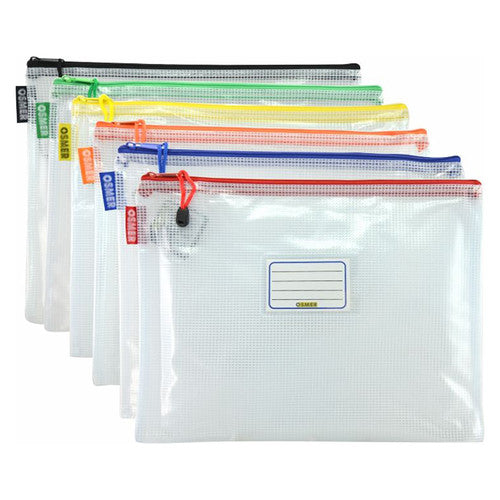 Osmer Mesh Case A4 Clear 36 x 27cm Assorted Zip Pack of 12