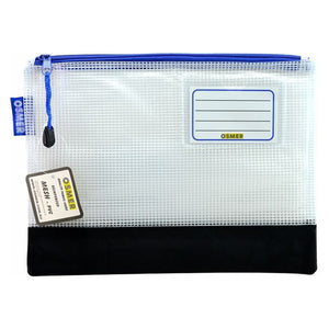 Osmer clear mesh case 27.5 x 20.5cm with a black reinforced bottom panel and blue zip, front view with name label and cord zip pull