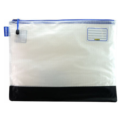 Osmer clear mesh case 42 x 32cm with reinforced bottom, second photo set lower in frame showing the Osmer side tab and blue zip