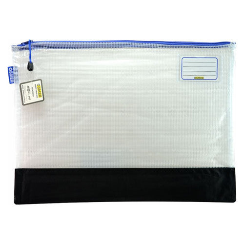 Osmer clear mesh case 48 x 35cm with reinforced bottom, second photo set lower in frame showing the Osmer side tab and blue zip
