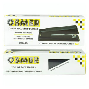 Osmer metal full strip stapler in black, shown with its printed white and yellow retail box from the front and the top