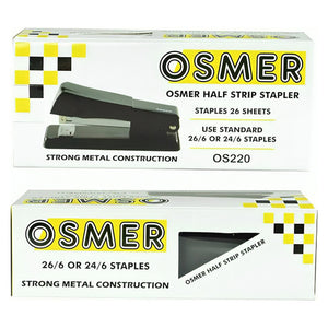 Osmer metal half strip stapler in black, shown with its printed white and yellow retail box from the front and the top