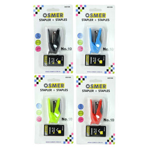 Four Osmer No 10 stapler and staples hangsell packs side by side, with black, blue, lime green and red mini staplers and a box of No 10 staples
