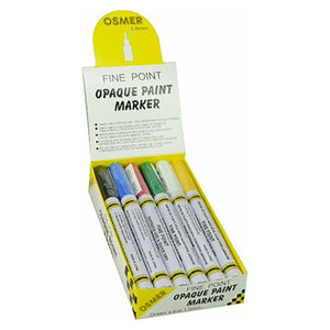Osmer opaque paint marker fine tip assorted, box of 12 shown as an open display box holding black, blue, red, green, white and yellow markers, angled view