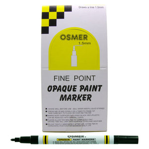 Osmer opaque paint marker fine tip in black, box of 12 shown with the white Fine Point Opaque Paint Marker display box and one black marker in front