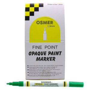 Osmer opaque paint marker fine tip in green, box of 12 shown with the white Fine Point Opaque Paint Marker display box and one green marker in front