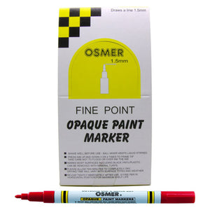 Osmer opaque paint marker fine tip in red, box of 12 shown with the white Fine Point Opaque Paint Marker display box and one red marker in front