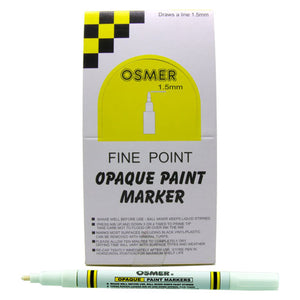 Osmer opaque paint marker fine tip in white, box of 12 shown with the white Fine Point Opaque Paint Marker display box and one white marker in front