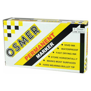 Osmer permanent marker fine bullet tip box of 12, white and yellow printed retail box marked 1 to 3 mm line width
