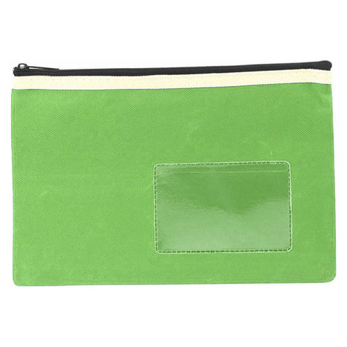 Osmer green polyester pencil case 23 x 15.5cm, 1 zip, second front photo set lower in frame with the name card window bottom right