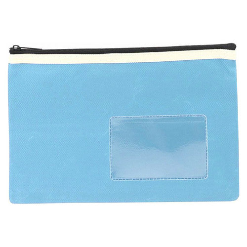 Osmer light blue polyester pencil case 23 x 15.5cm, 1 zip, second front photo set lower in frame with the name card window bottom right