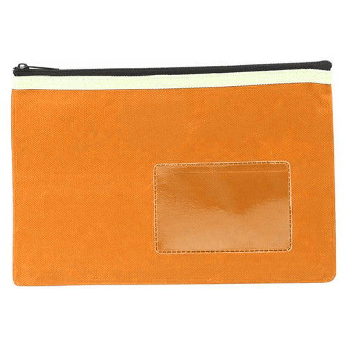 Osmer orange polyester pencil case 23 x 15.5cm, 1 zip, second front photo set lower in frame with the name card window bottom right