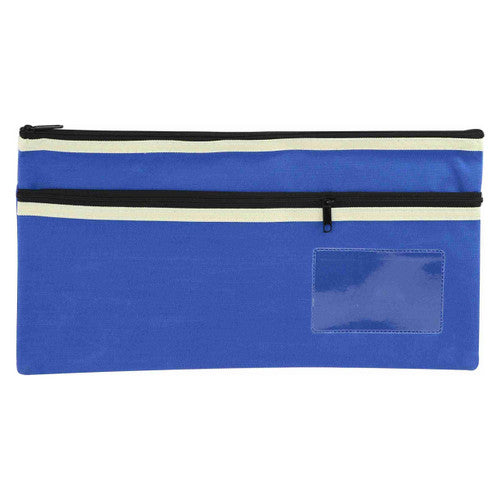 Osmer blue polyester pencil case 35 x 18cm, 2 zip, second front photo set lower in frame with the name card window bottom right