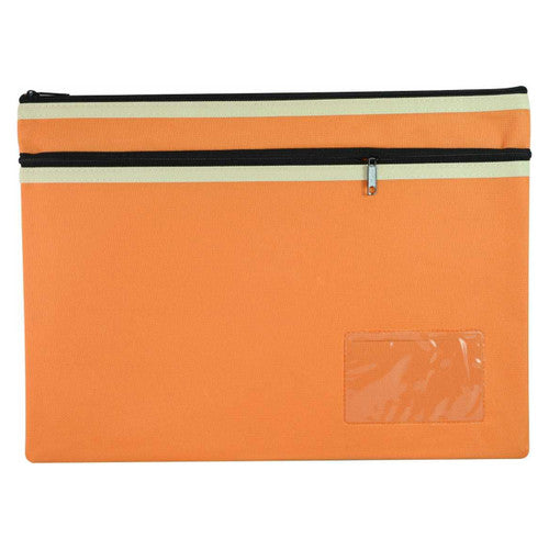 Osmer orange polyester pencil case 35 x 26cm, 2 zip, second front photo set lower in frame with the name card window bottom right