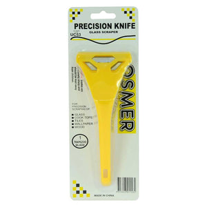 Osmer UC53 precision knife glass scraper, yellow plastic scraper with blade, on the Osmer hangsell card, front view
